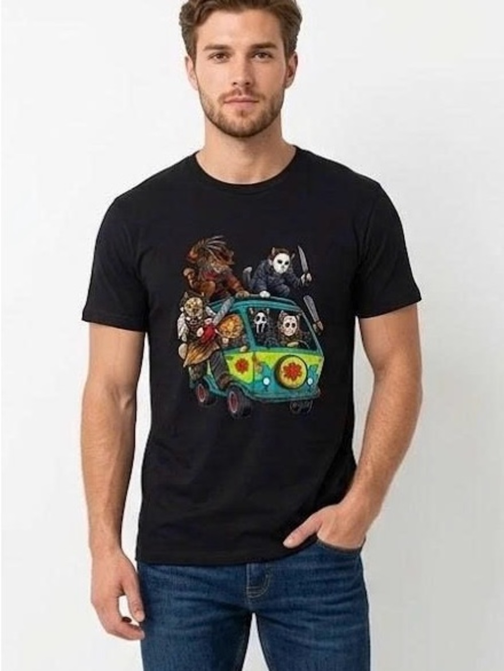 NWT Horror Movie Slasher Cats Mystery Machine Graphic T-Shirt Halloween Tee